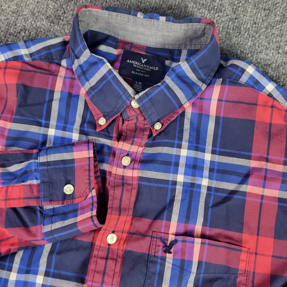 American Eagle Outfitters Mens Large Classic Fit Plaid Button Down Shirt Red Blu